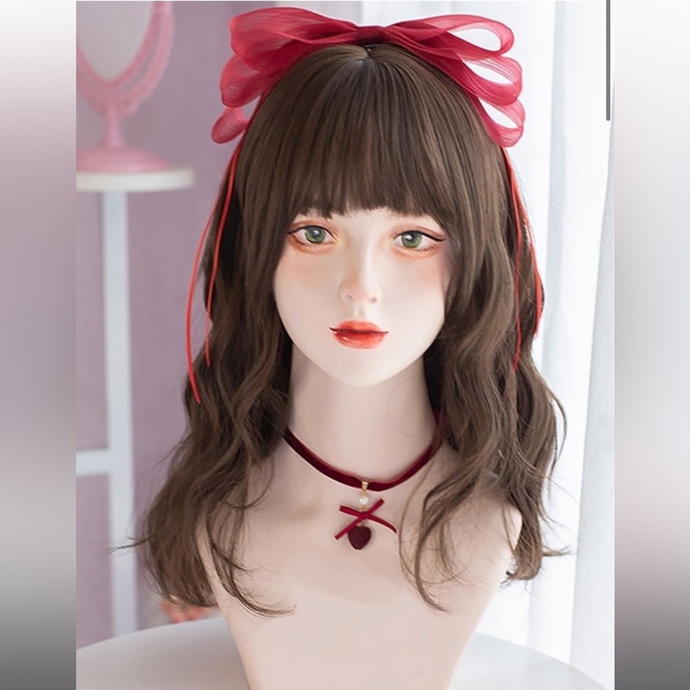 Curly short brown wig with bangs